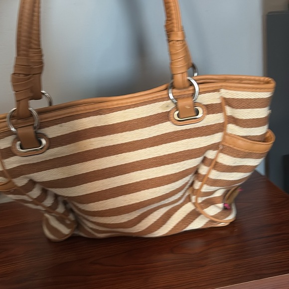 Butterfly Embroidered Striped Canvas Tote Bag Tan Brown Shoulder Handbag - Picture 5 of 11